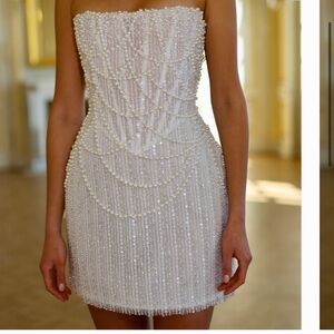Elegant White pearl Beaded Mini Dress